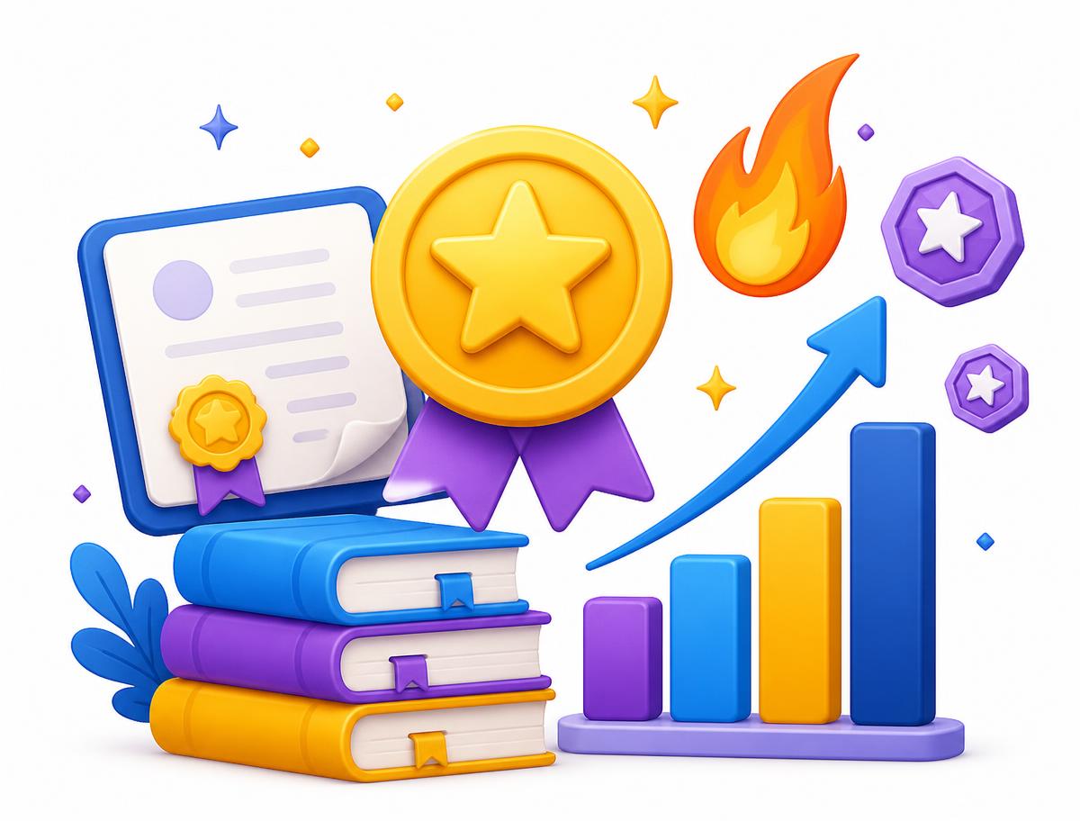 Learning achievements: badges, certificate, books and rising progress chart