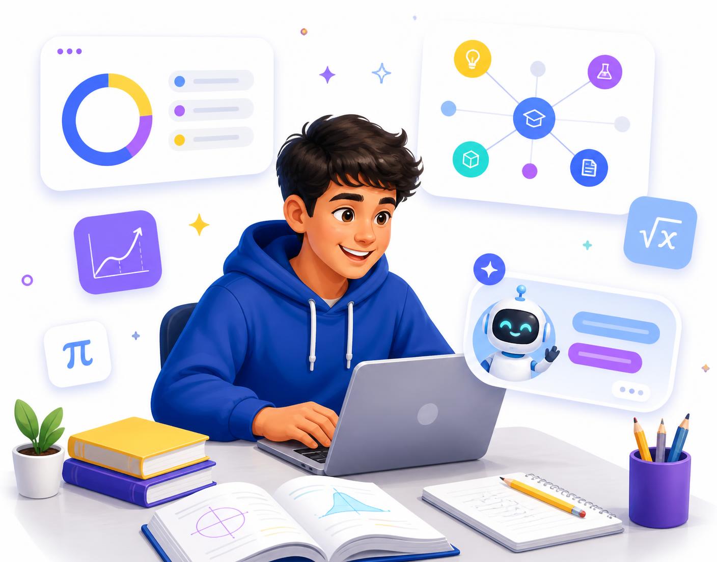 Student learning with a laptop, books and an AI tutor showing mastery progress